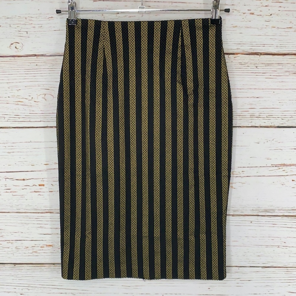 Halogen Pencil Skirt Womens 4 Black Gold Stripe Textured Stretch Back Slit